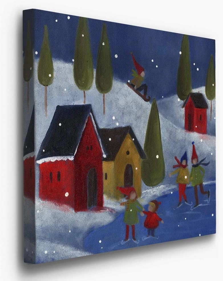 Renditions Gallery Winter Snow Scene II Wall Art, Cute Christmas Artwork, Sledding, Ice Skating, Red Houses, Premium Gallery Wrapped Canvas Decor, Ready to Hang, 10 in H x 10 in W, Made in America
