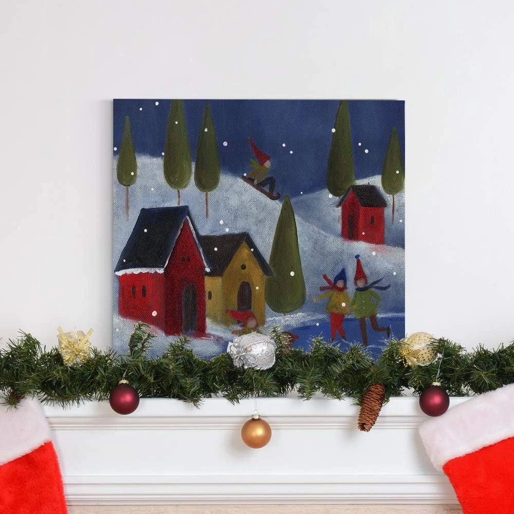 Renditions Gallery Winter Snow Scene II Wall Art, Cute Christmas Artwork, Sledding, Ice Skating, Red Houses, Premium Gallery Wrapped Canvas Decor, Ready to Hang, 10 in H x 10 in W, Made in America