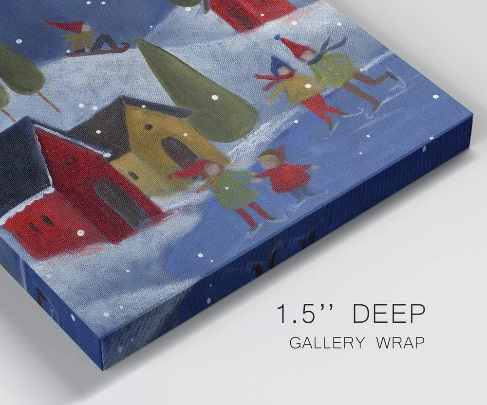 Renditions Gallery Winter Snow Scene II Wall Art, Cute Christmas Artwork, Sledding, Ice Skating, Red Houses, Premium Gallery Wrapped Canvas Decor, Ready to Hang, 10 in H x 10 in W, Made in America