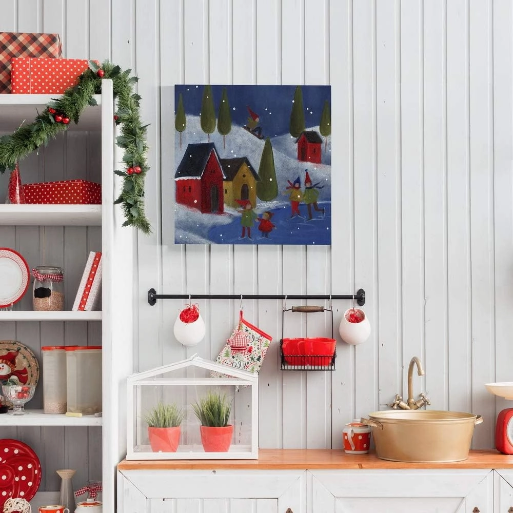 Renditions Gallery Winter Snow Scene II Wall Art, Cute Christmas Artwork, Sledding, Ice Skating, Red Houses, Premium Gallery Wrapped Canvas Decor, Ready to Hang, 10 in H x 10 in W, Made in America