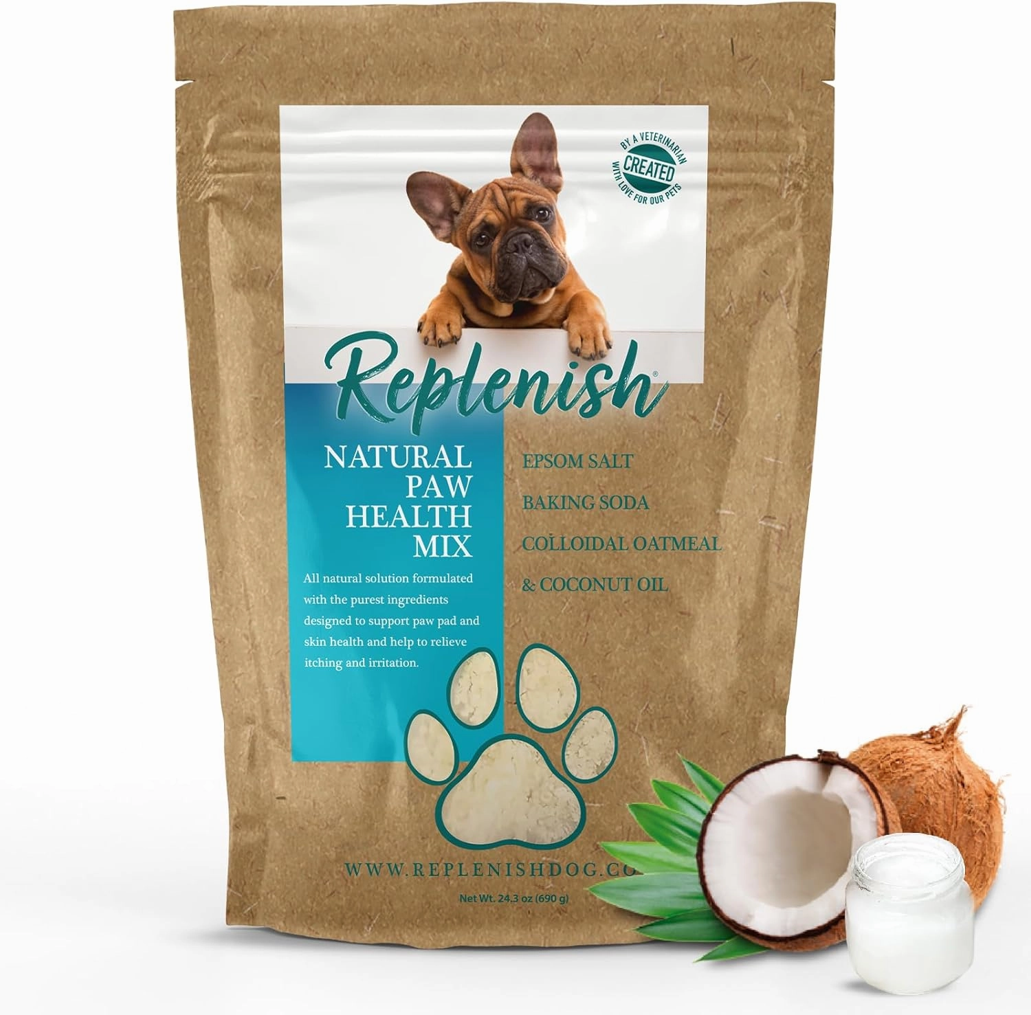 Replenish Dog Paw Healing Solution – All Natural Veterinarian Developed Paw Soak - Medicated Dog Paw Protector & Moisturizer for Dry Cracked Paws - Epsom Salt Treatment - Spa Paw Protection for Dogs