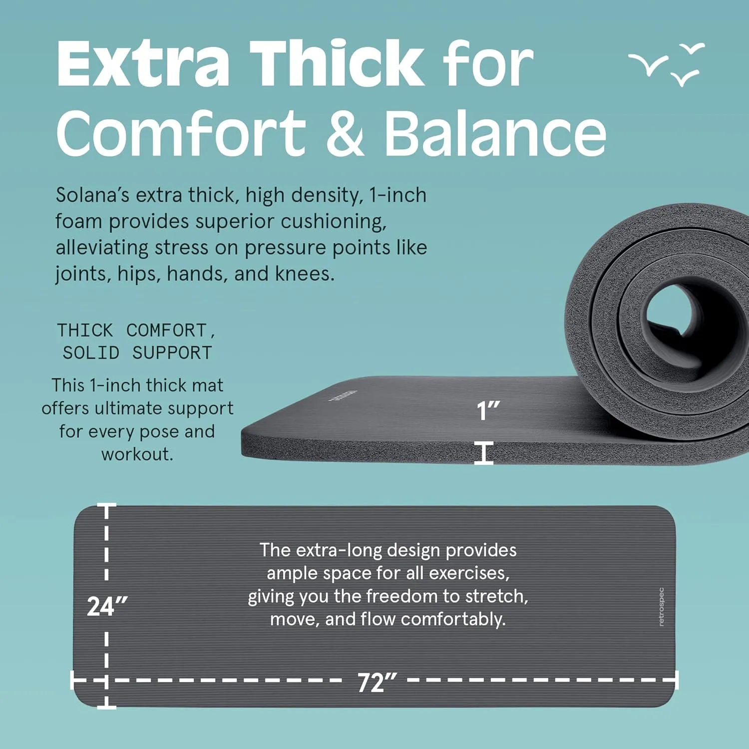 Retrospec Solana Yoga Mat 1" Thick With Nylon Carry Strap for Men & Women - Non Slip Exercise Mat for Home Yoga, Pilates, Stretching, Floor & Fitness Workouts