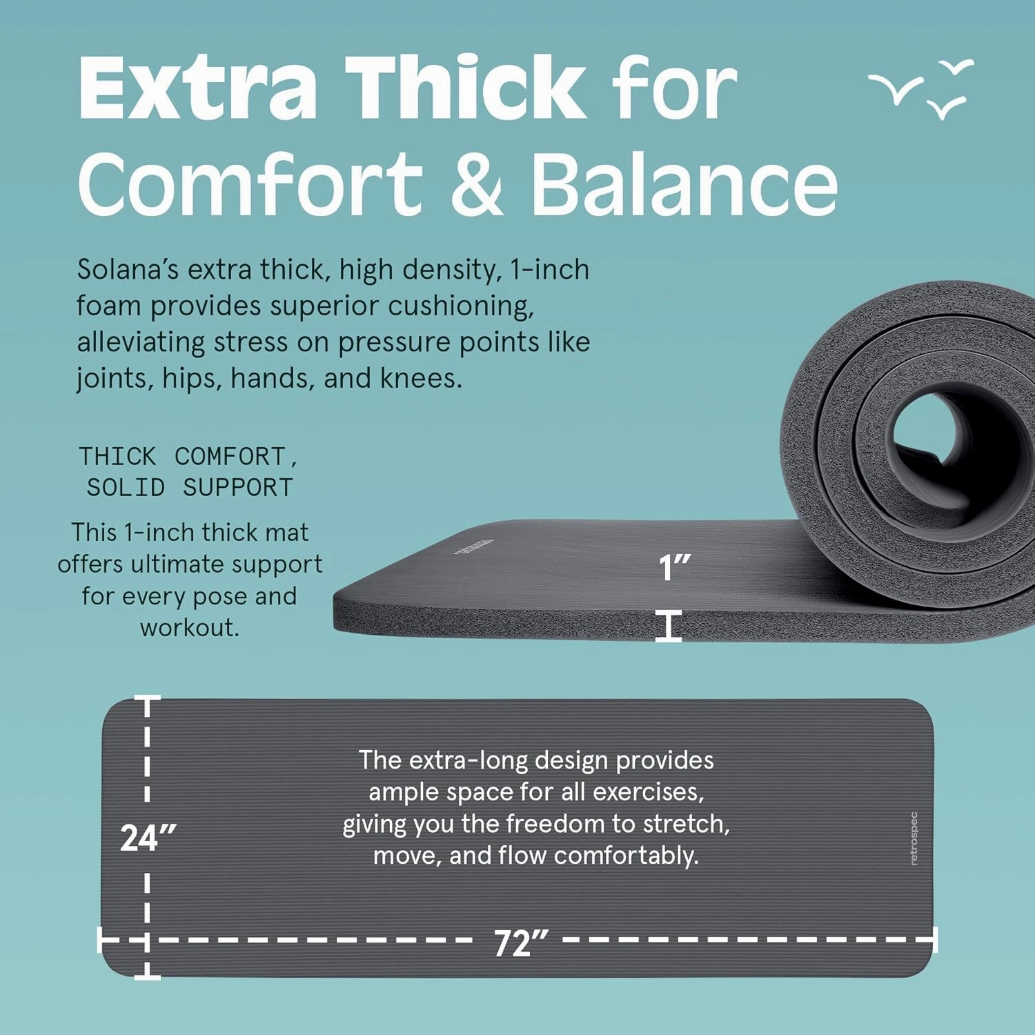 Retrospec Solana Yoga Mat 1" Thick With Nylon Carry Strap for Men & Women - Non Slip Exercise Mat for Home Yoga, Pilates, Stretching, Floor & Fitness Workouts