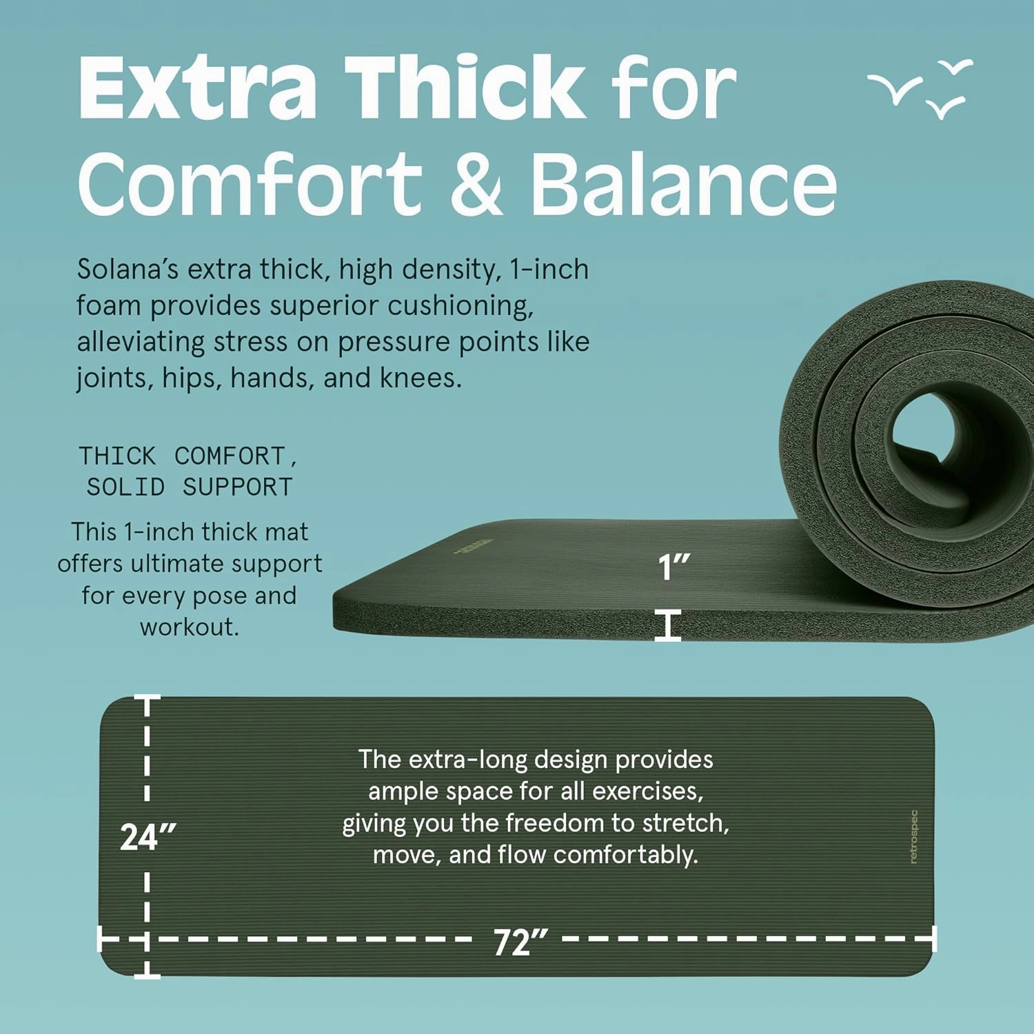 Retrospec Solana Yoga Mat 1" Thick With Nylon Carry Strap for Men & Women - Non Slip Exercise Mat for Home Yoga, Pilates, Stretching, Floor & Fitness Workouts