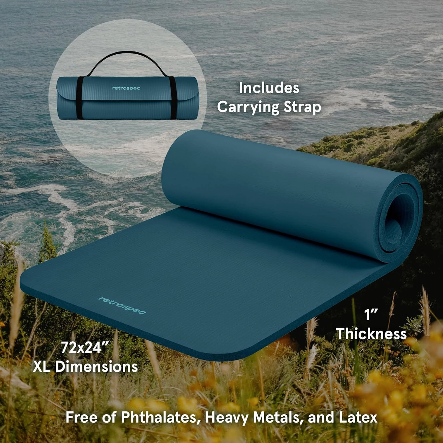 Retrospec Solana Yoga Mat 1" Thick With Nylon Carry Strap for Men & Women - Non Slip Exercise Mat for Home Yoga, Pilates, Stretching, Floor & Fitness Workouts