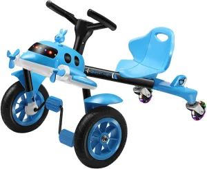 Ride on Drift Car for Kids 3 , Children Pedal Airplane Car with Music & Flashing Wheels, 2-Position Adjustable Seat Front to Back, Drifting Go Kart for Boys and Girls,Blue
