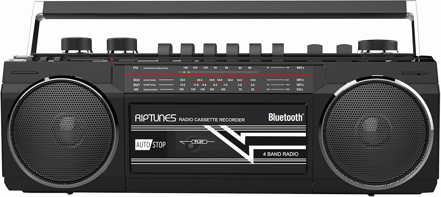 Riptunes Cassette Boombox, Retro Blueooth Boombox, Cassette Player and Recorder, AM/FM/SW-1-SW2 Radio-4-Band Radio, USB, SD, and Aux in, Black