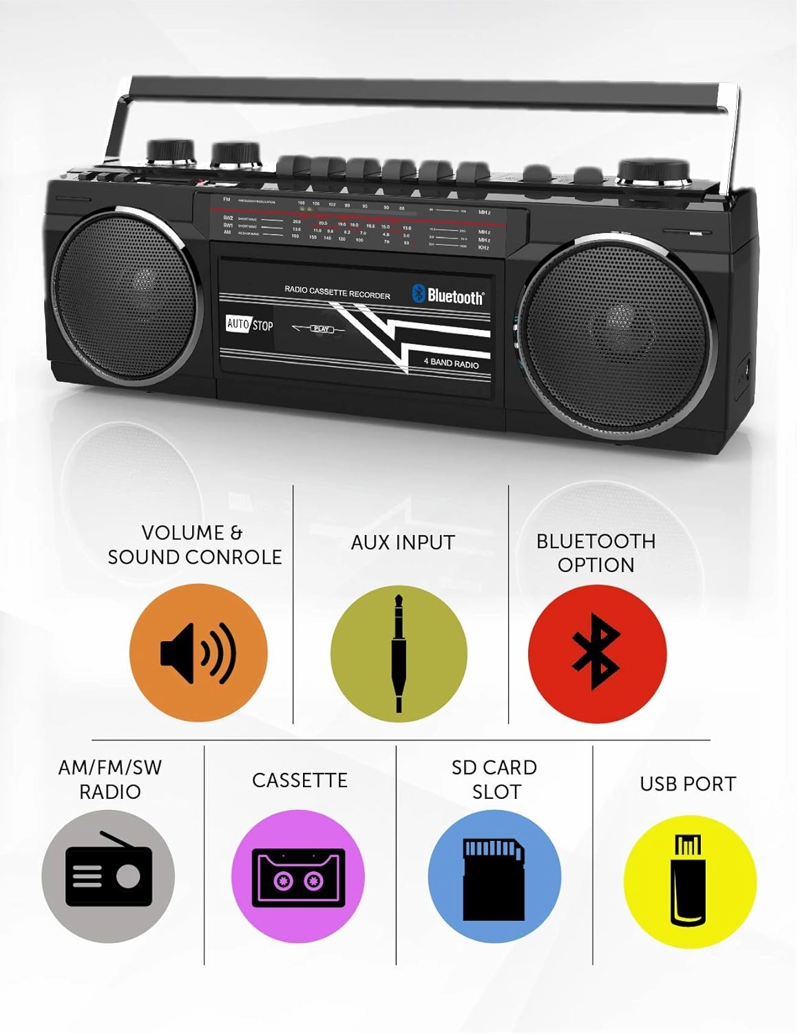 Riptunes Cassette Boombox, Retro Blueooth Boombox, Cassette Player and Recorder, AM/FM/SW-1-SW2 Radio-4-Band Radio, USB, SD, and Aux in, Black