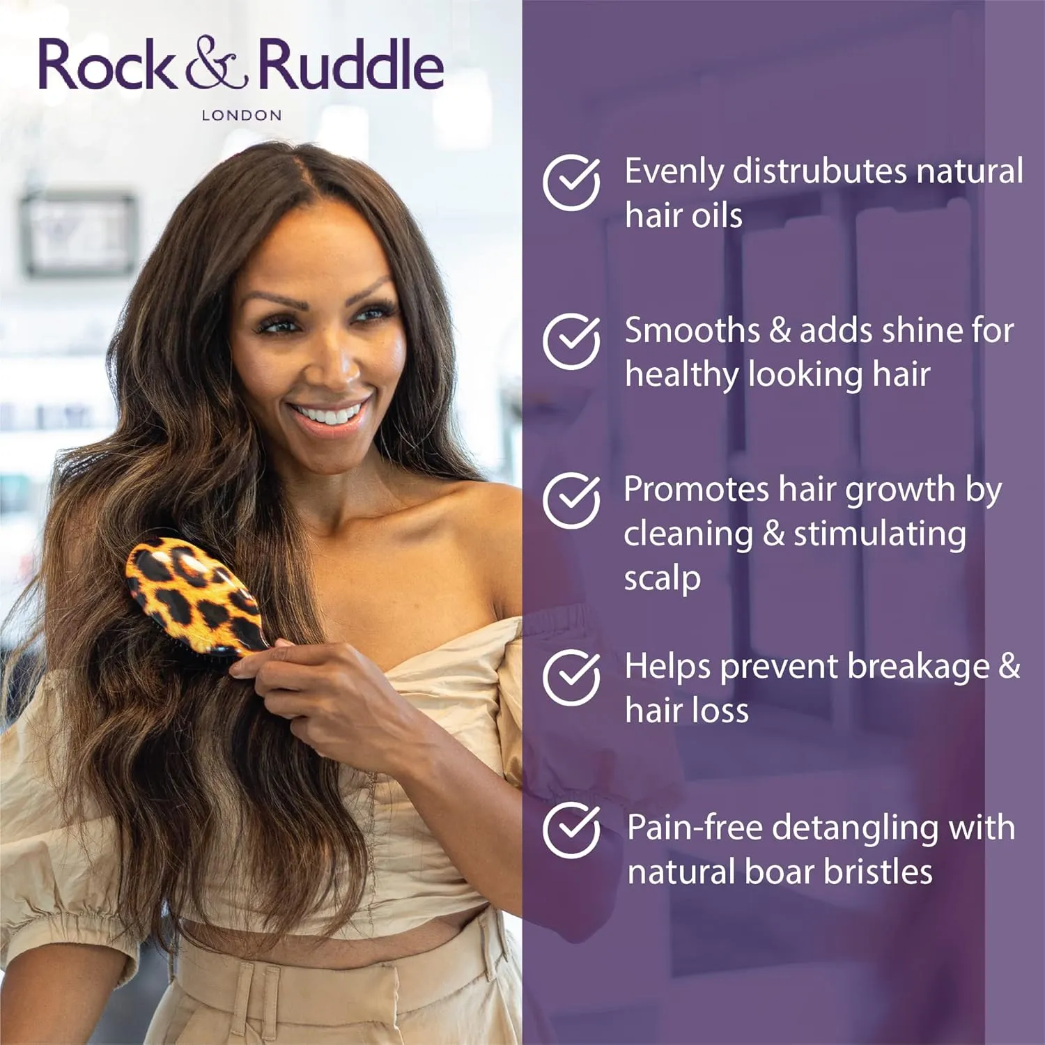 Rock & Ruddle Natural Mixed Boar Bristle Hair Brush for Women and Kids (Large, 21 cm) - Perfect for Wet or Dry Hair, Detangling Smoothing Blowdrying - Designed & Made in UK - White Shimmer Design