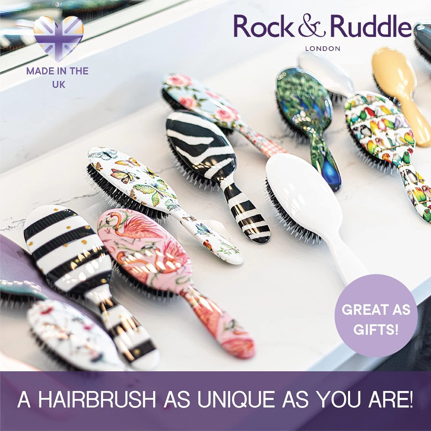 Rock & Ruddle Natural Mixed Boar Bristle Hair Brush for Women and Kids (Small 6.9") - Perfect for Wet or Dry Hair, Detangling Smoothing Blowdrying - Designed & Made in UK - Black Stardust Design