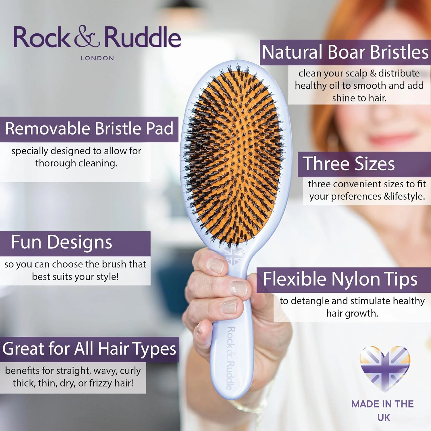 Rock & Ruddle Natural Mixed Boar Bristle Hair Brush for Women and Kids (Small 6.9") - Perfect for Wet or Dry Hair, Detangling Smoothing Blowdrying - Designed & Made in UK - Black Stardust Design