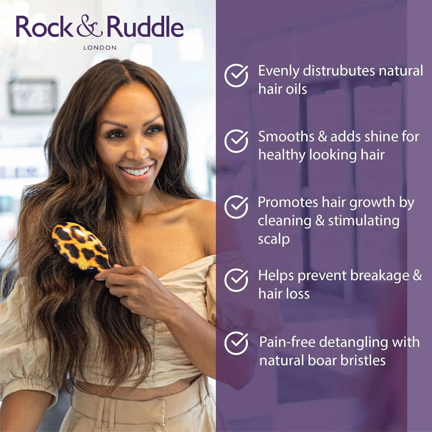 Rock & Ruddle Natural Mixed Boar Bristle Hair Brush for Women and Kids (Small 6.9") - Perfect for Wet or Dry Hair, Detangling Smoothing Blowdrying - Designed & Made in UK - Black Stardust Design