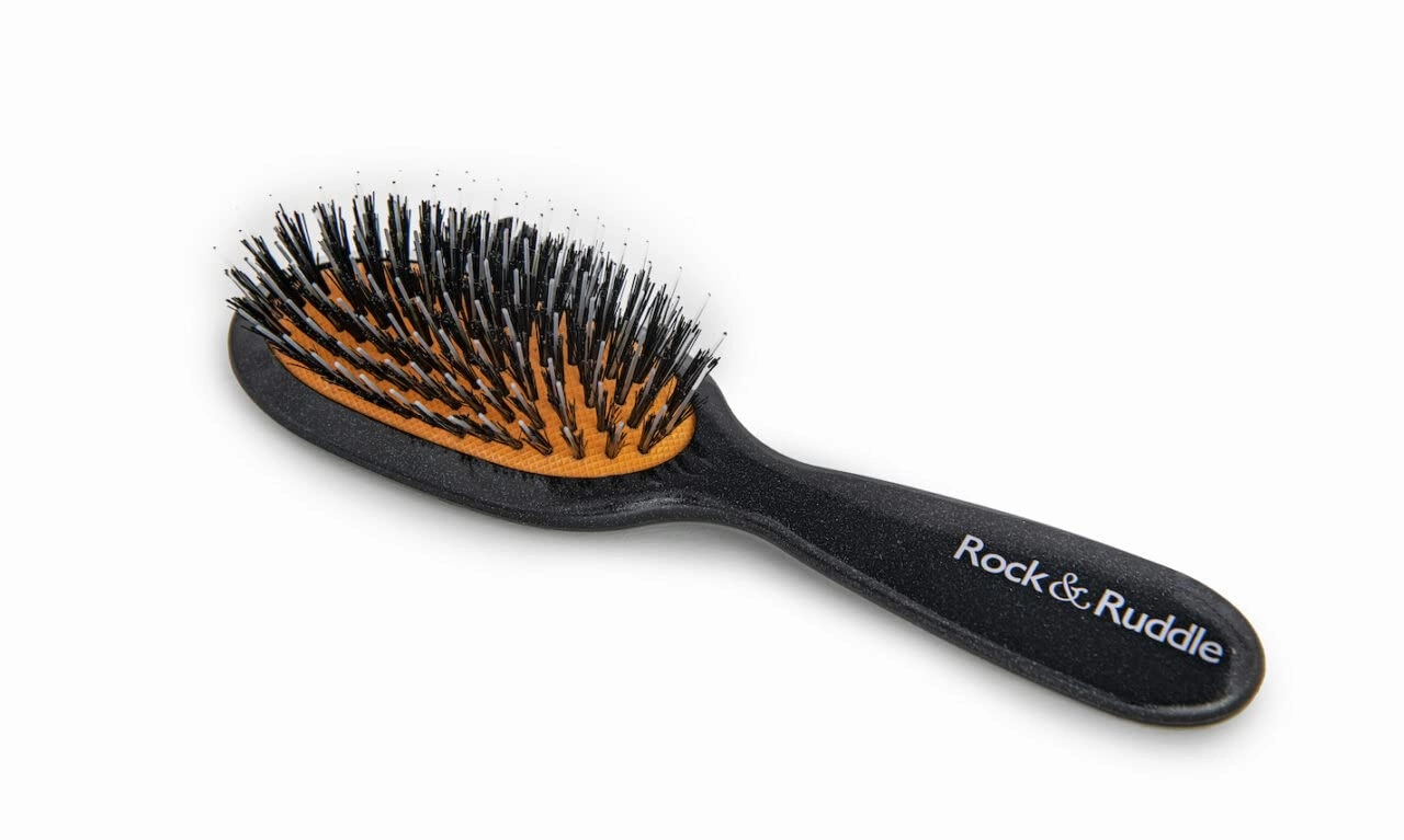 Rock & Ruddle Natural Mixed Boar Bristle Hair Brush for Women and Kids (Small 6.9") - Perfect for Wet or Dry Hair, Detangling Smoothing Blowdrying - Designed & Made in UK - Black Stardust Design