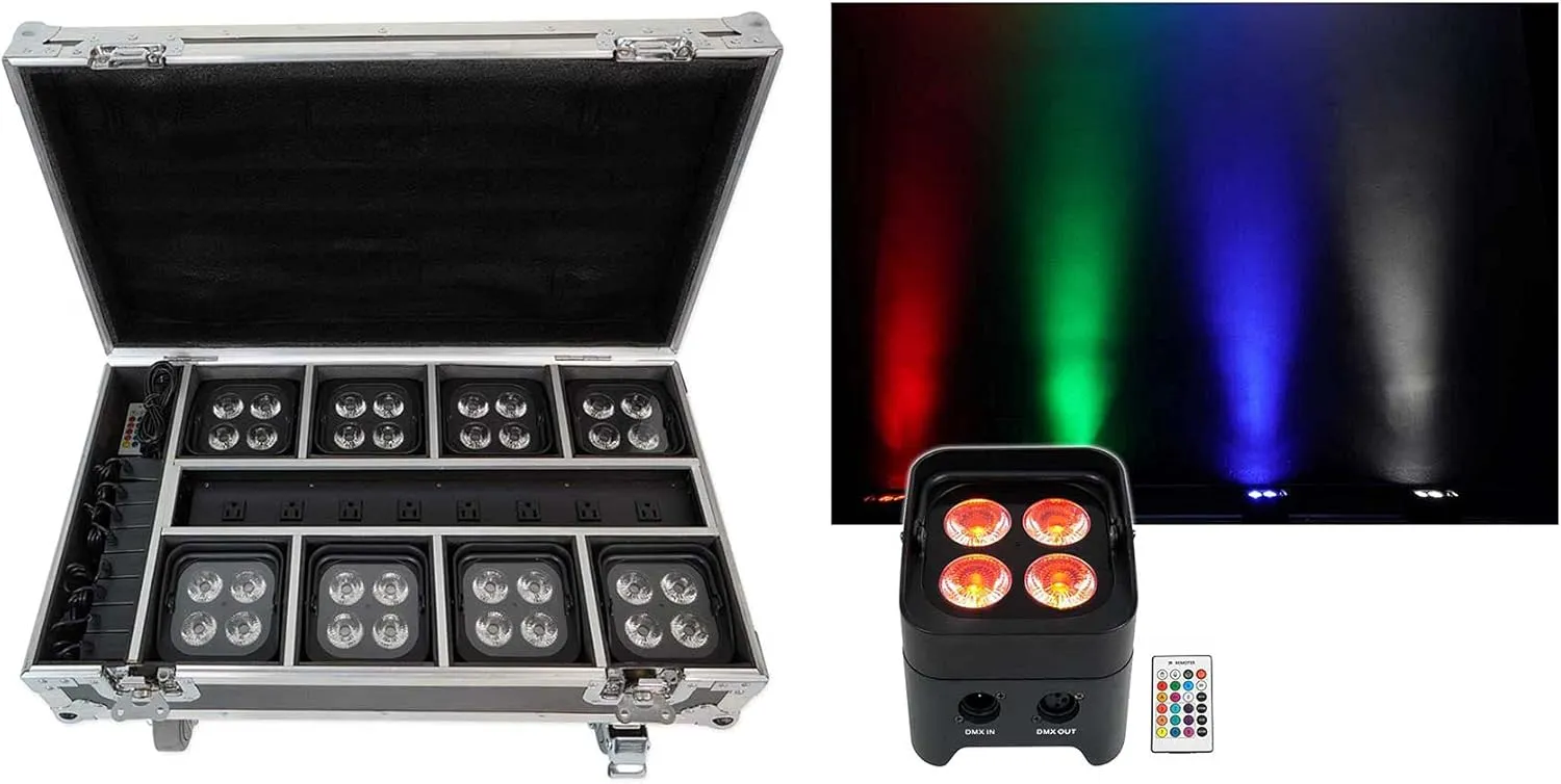 Rockville Best 50 Pack Black, 8 Rechargeable Wash Lights with Charging Flght Case, Wireless DMX, Includes Remote, 15 Hour Battery Life, Perfect for Events, Parties & DJs