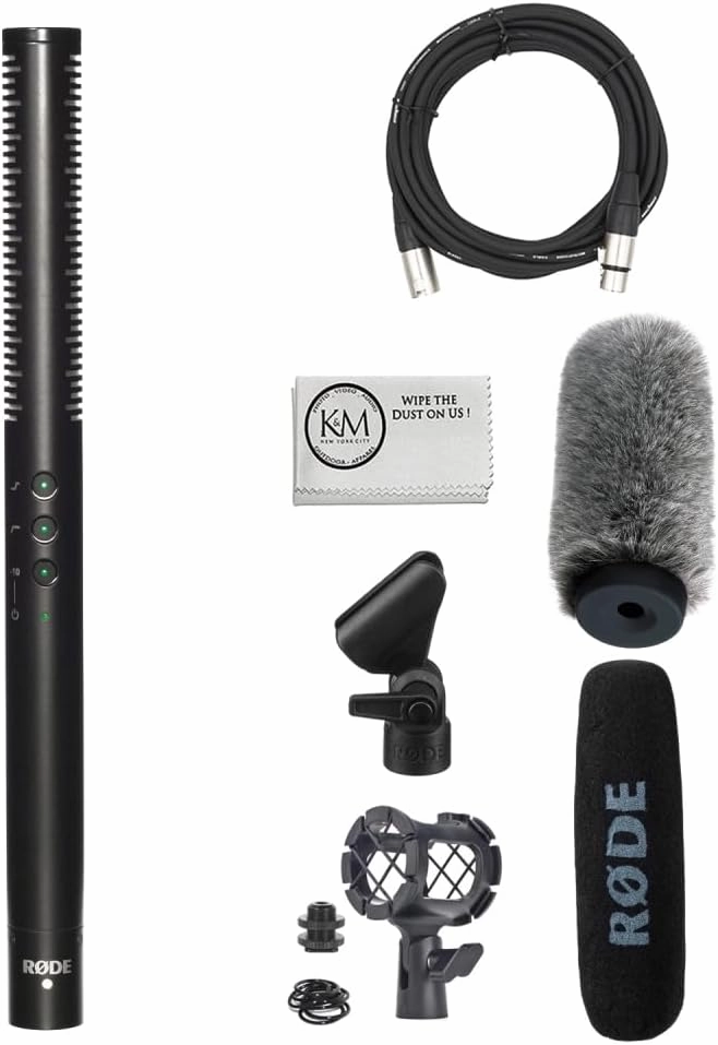 Rode NTG4 Shotgun Microphone w/Digital Switches Bundled with Universal Shockmount   Fur Windshield   XLR Microphone Cable   Cleaning Cloth (5 Items)