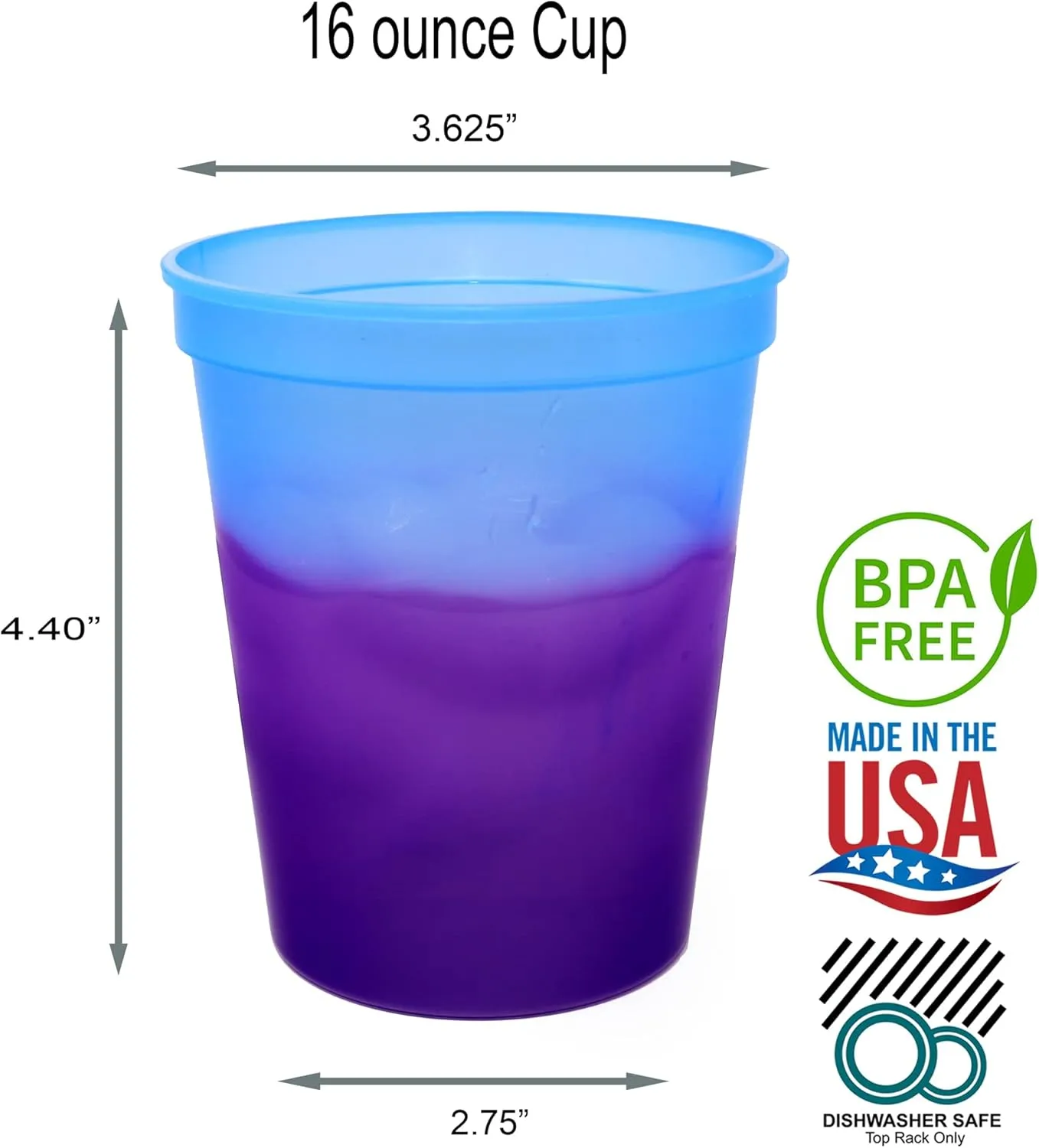 Rolling Sands 16 Oz Reusable Plastic Stadium Cups, Bulk 50 Pk, Made in USA, BPA-Free Dishwasher Safe Color Changing Tumblers, Blue to Purple
