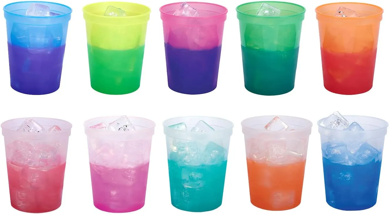 Rolling Sands 16 Oz Reusable Plastic Stadium Cups, Bulk 50 Pk, Made in USA, BPA-Free Dishwasher Safe Color Changing Tumblers, Blue to Purple