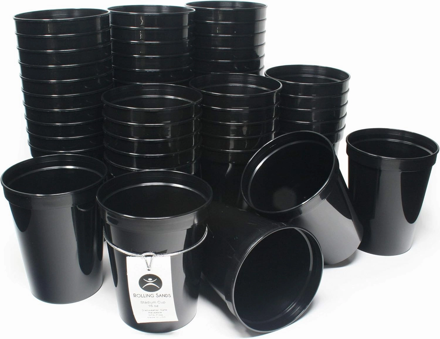 Rolling Sands 16 Oz Reusable Plastic Stadium Cups, Bulk 50 Pk, USA Made, BPA-Free Dishwasher Safe Plastic Tumblers, Black