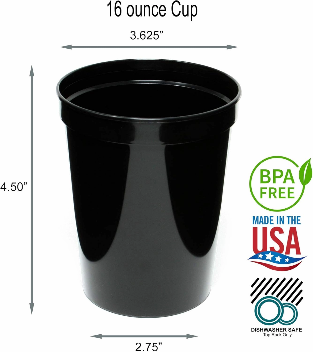 Rolling Sands 16 Oz Reusable Plastic Stadium Cups, Bulk 50 Pk, USA Made, BPA-Free Dishwasher Safe Plastic Tumblers, Black
