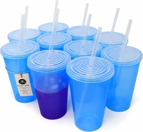 Rolling Sands 22 oz Color Changing Plastic Cups with Lids, 10 Pack, USA Made Reusable Tumblers; Includes 10 Reusable Straws; Dishwasher Safe, Blue to Purple