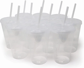 Rolling Sands 22 oz Reusable Plastic Cups with Lids, 10 Pack, USA Made Clear Tumblers; Includes 10 Reusable Straws; Dishwasher Safe