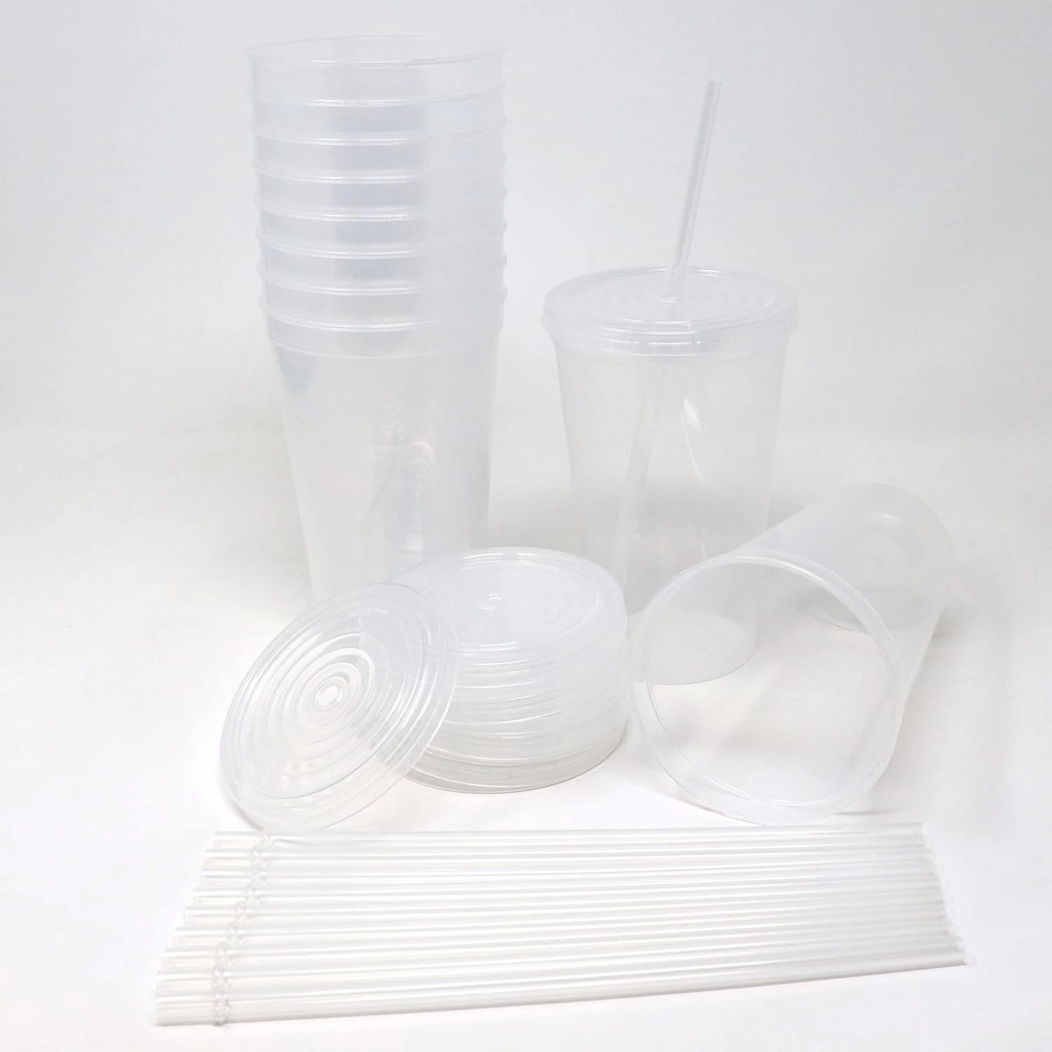 Rolling Sands 22 oz Reusable Plastic Cups with Lids, 10 Pack, USA Made Clear Tumblers; Includes 10 Reusable Straws; Dishwasher Safe