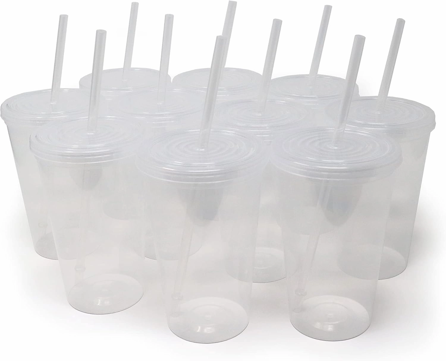 Rolling Sands 22 oz Reusable Plastic Cups with Lids, 10 Pack, USA Made Clear Tumblers; Includes 10 Reusable Straws; Dishwasher Safe