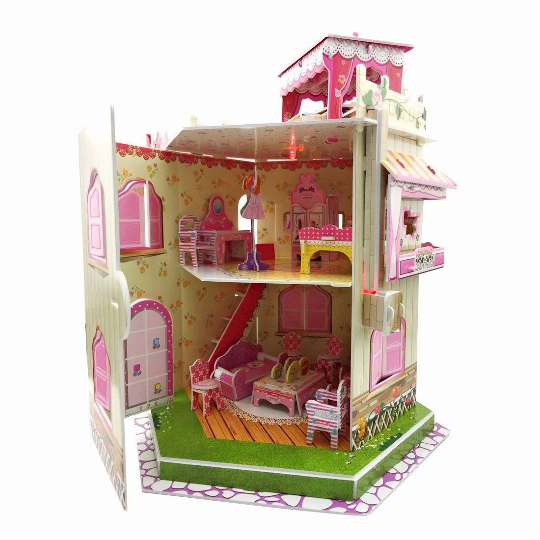 Rooftop Romance 3D Puzzle Dollhouse for Girls - Easy to Assemble 3-D Miniature Doll House Building Kit with LED Light for Kids - Educational Paper Jigsaw Puzzles - Perfect Craft Toys Gift - 101 Pcs