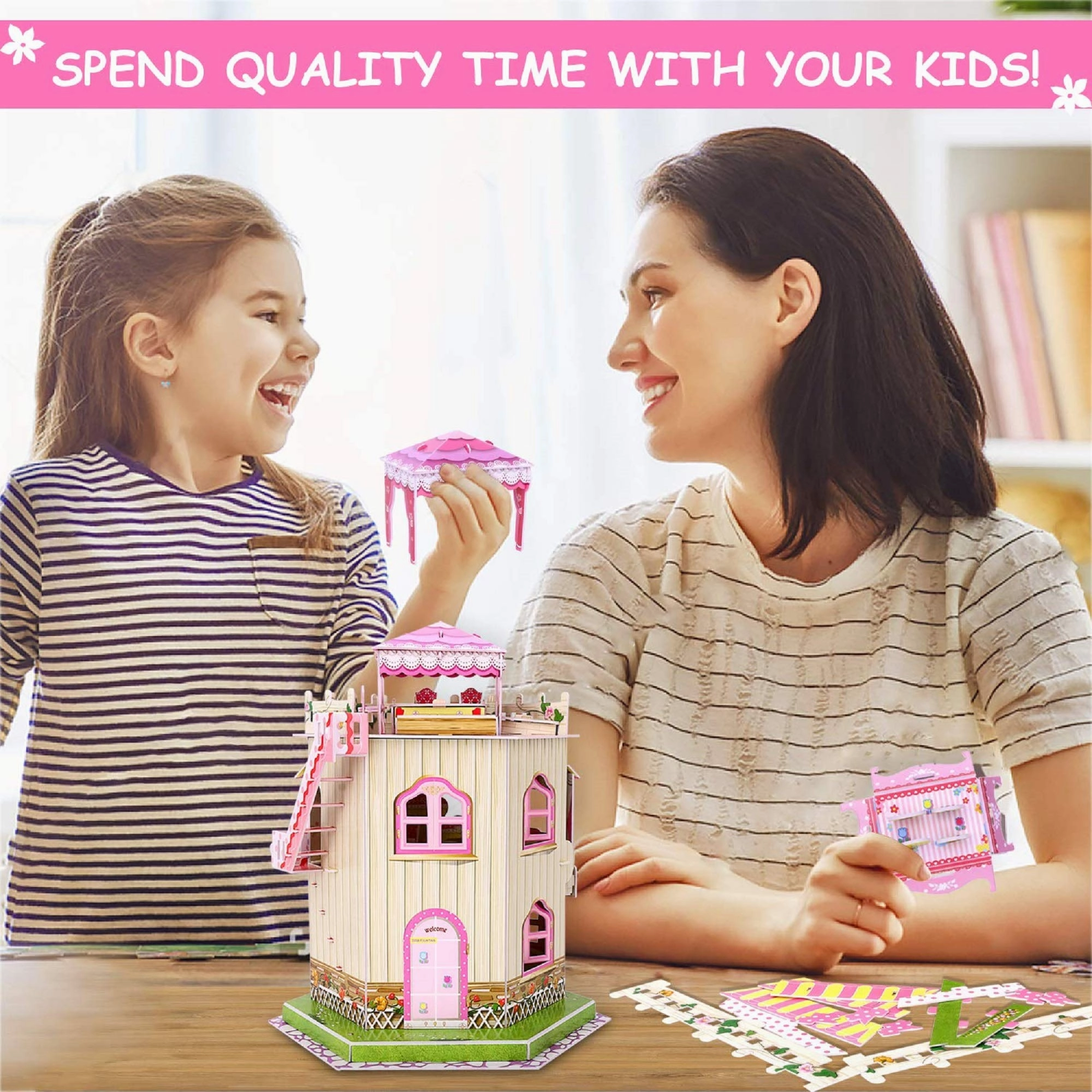 Rooftop Romance 3D Puzzle Dollhouse for Girls - Easy to Assemble 3-D Miniature Doll House Building Kit with LED Light for Kids - Educational Paper Jigsaw Puzzles - Perfect Craft Toys Gift - 101 Pcs