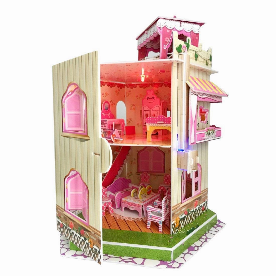 Rooftop Romance 3D Puzzle Dollhouse for Girls - Easy to Assemble 3-D Miniature Doll House Building Kit with LED Light for Kids - Educational Paper Jigsaw Puzzles - Perfect Craft Toys Gift - 101 Pcs