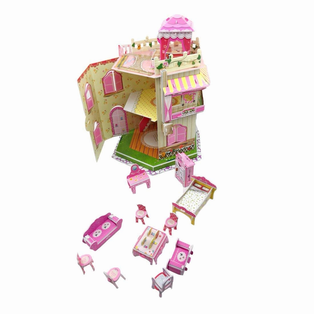 Rooftop Romance 3D Puzzle Dollhouse for Girls - Easy to Assemble 3-D Miniature Doll House Building Kit with LED Light for Kids - Educational Paper Jigsaw Puzzles - Perfect Craft Toys Gift - 101 Pcs