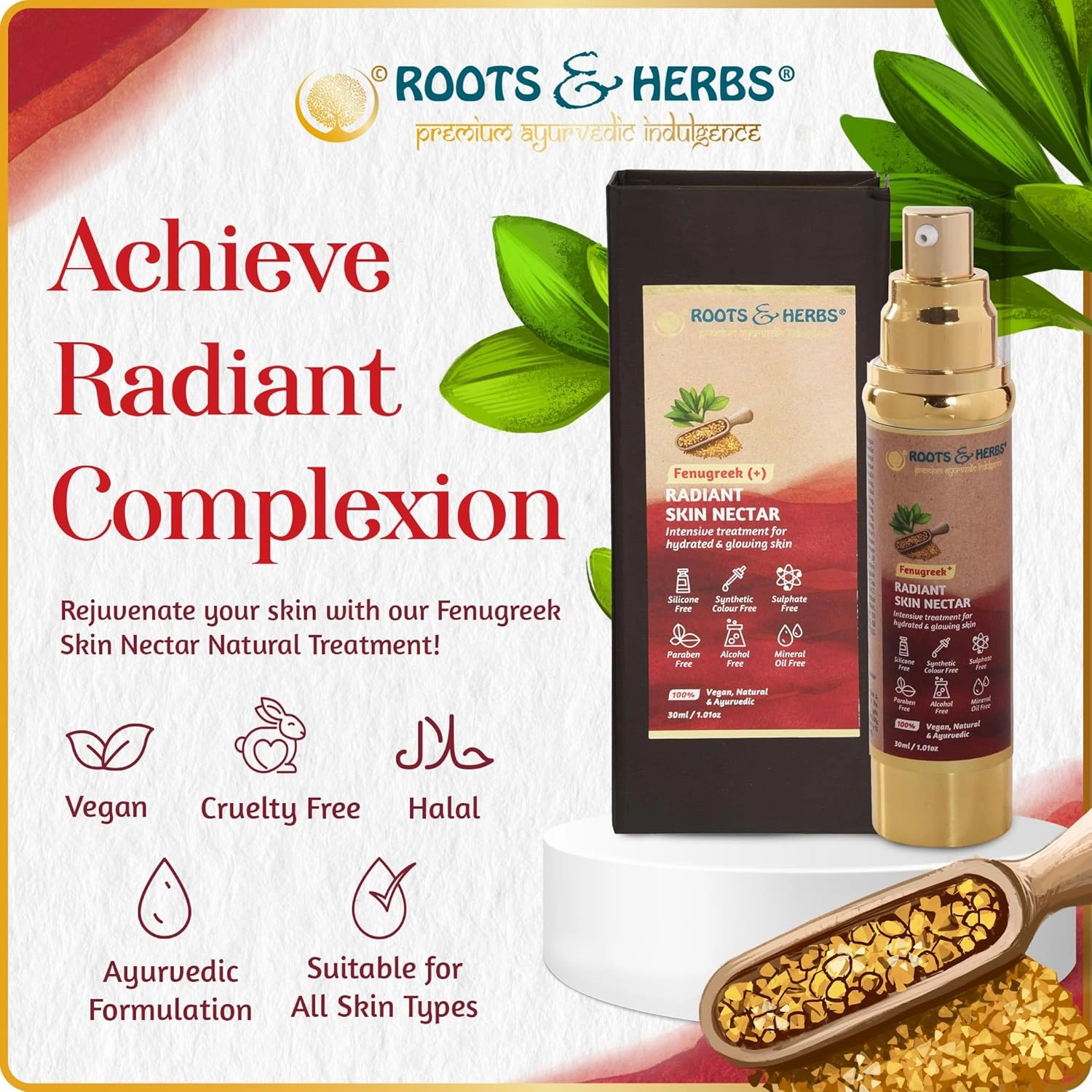 ROOTS AND HERBS Ayurvedic Skin Nectar Natural Treatment 100% For Hydrated and Glowing Skin Vegan Fenugreek Skin Food Serum and Moisturiser for Face and Neck, 1.01oz