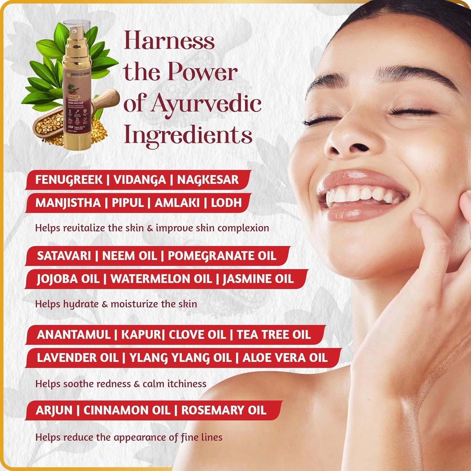 ROOTS AND HERBS Ayurvedic Skin Nectar Natural Treatment 100% For Hydrated and Glowing Skin Vegan Fenugreek Skin Food Serum and Moisturiser for Face and Neck, 1.01oz