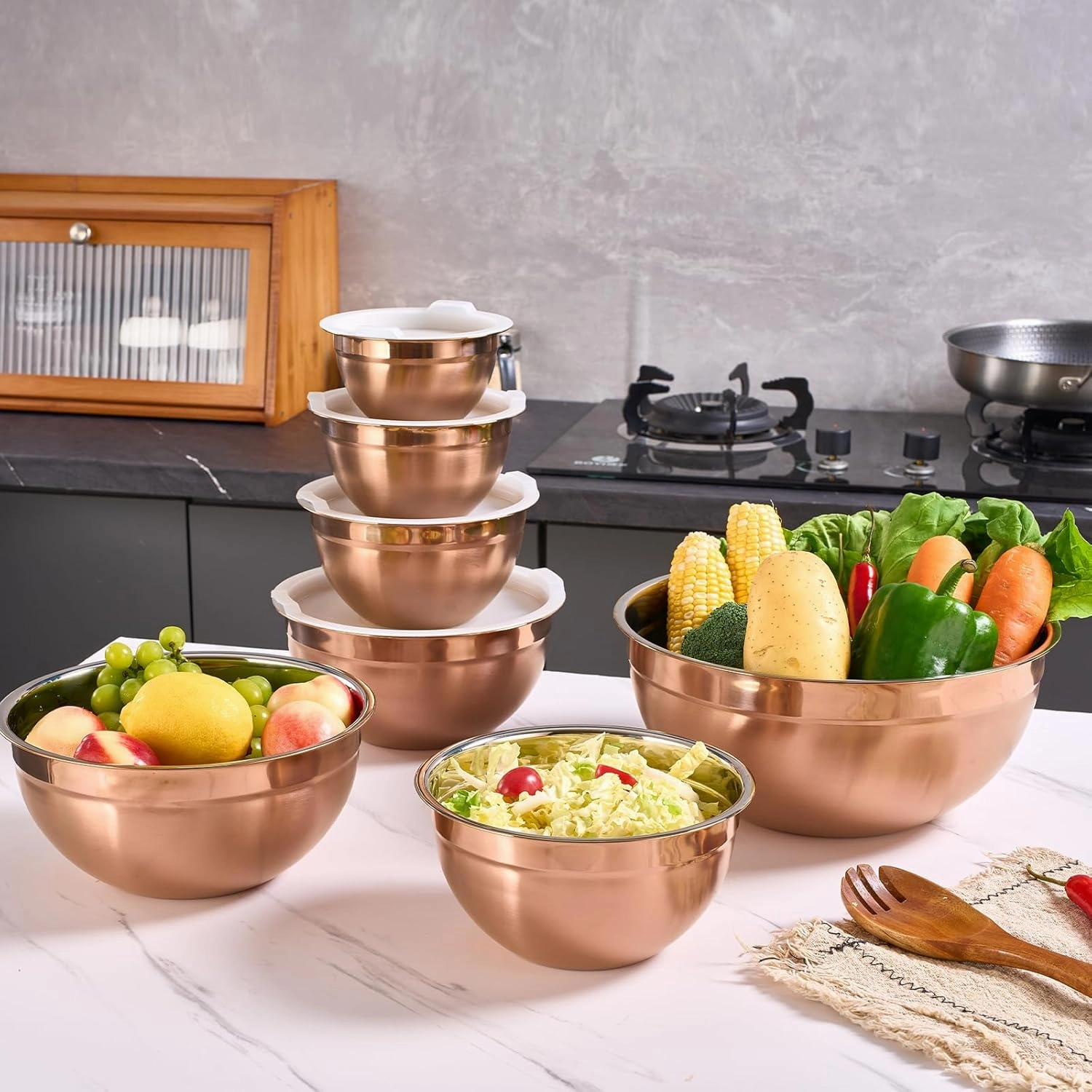 Rose Gold Mixing Bowls with Airtight Lids, Stainless Steel Nesting Mixing Bowls Set of 7, Ideal for Baking, Prepping and Serving Food, Size 7, 3.6, 2.7, 2.1, 1.5, 1.1,0.8 QT, Stackable Design