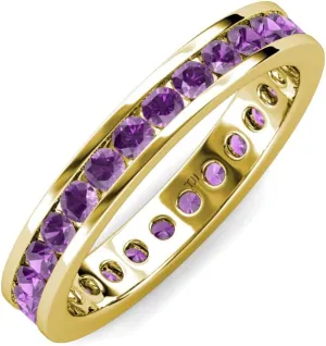 Round Amethyst 0.88-0.95 ctw Channel Set Women Eternity Ring Stackable 14K Yellow Gold-5.5