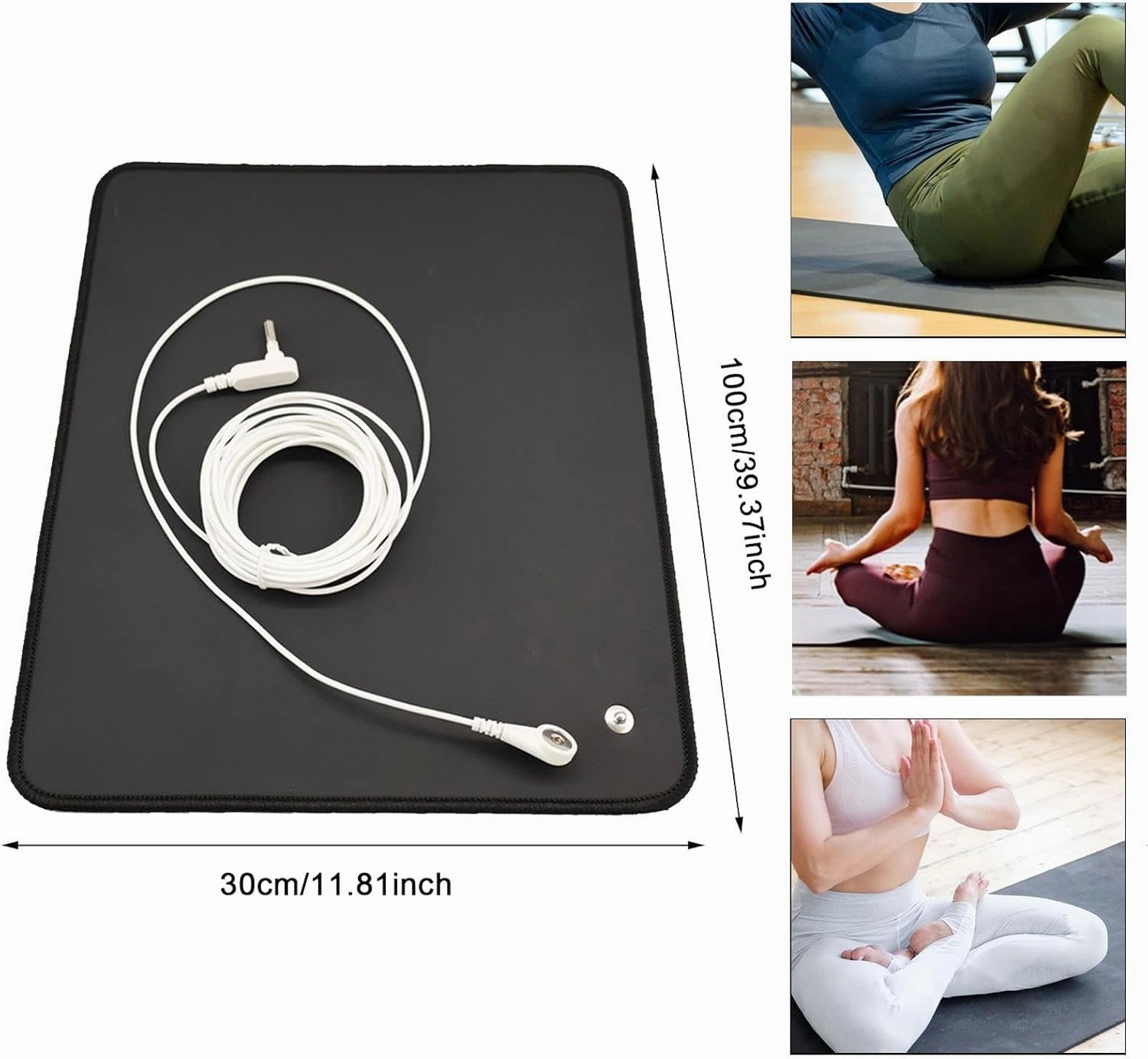 Rubber Earthing Yoga Mat Grounding Sheet Portable with 15ft/4.6M Grounding Cord Earth Mat Grounding Mouse Pad for Working Bed, 30x100cm