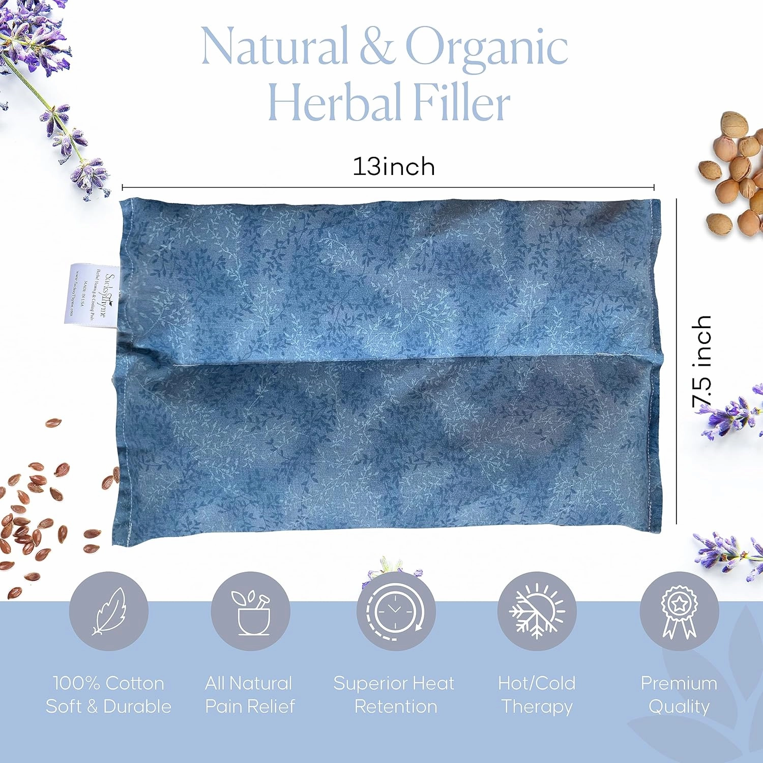 SacksyThyme Microwave Heating Pad for Pain Relief, Flaxseed & Cherry Pit Herbal Heating Pad, Hot Cold Therapy (Sky Blue)