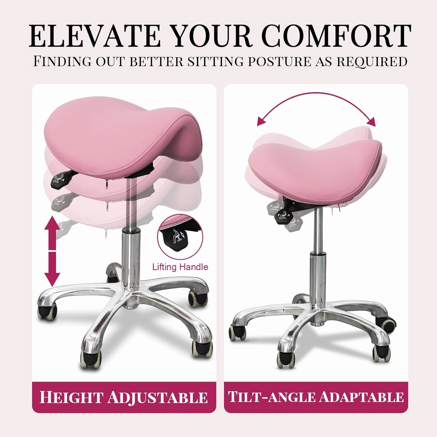 Saddle Stool Tilting Available Ergonomic Swivel Stool Chair with Hydraulic Lifting Height Adjustable Rolling Stool for Office Desk Clinic Dentist Spa-Soft Pink