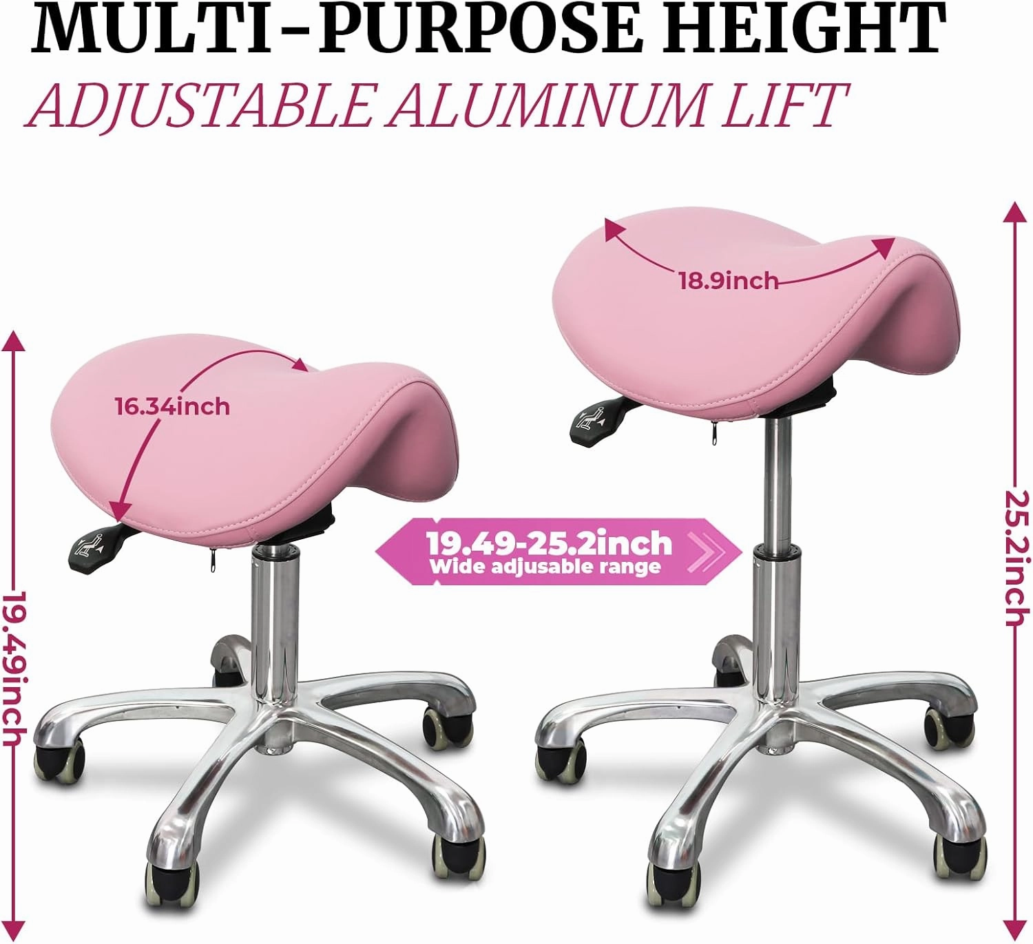 Saddle Stool Tilting Available Ergonomic Swivel Stool Chair with Hydraulic Lifting Height Adjustable Rolling Stool for Office Desk Clinic Dentist Spa-Soft Pink