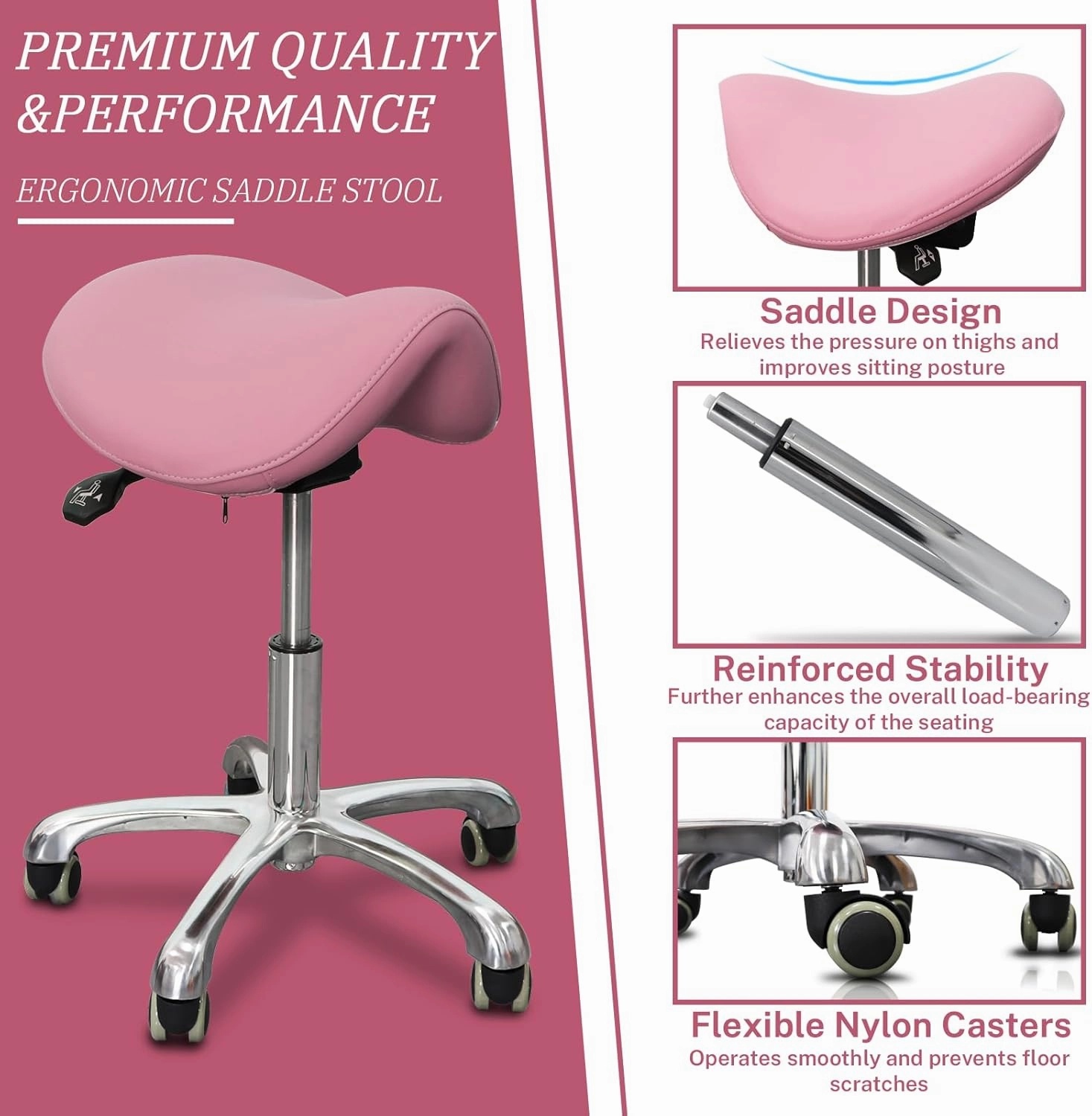Saddle Stool Tilting Available Ergonomic Swivel Stool Chair with Hydraulic Lifting Height Adjustable Rolling Stool for Office Desk Clinic Dentist Spa-Soft Pink