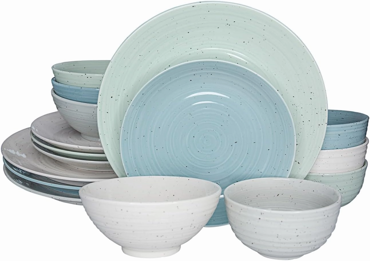 Sango Siterra Artist's Blend 16-Piece Stoneware Dinnerware Set – Service for 4, Mixed Glossy Finish with Unique Speckled Design, for Everyday Dining & Entertainment, Dishwasher & Microwave Safe