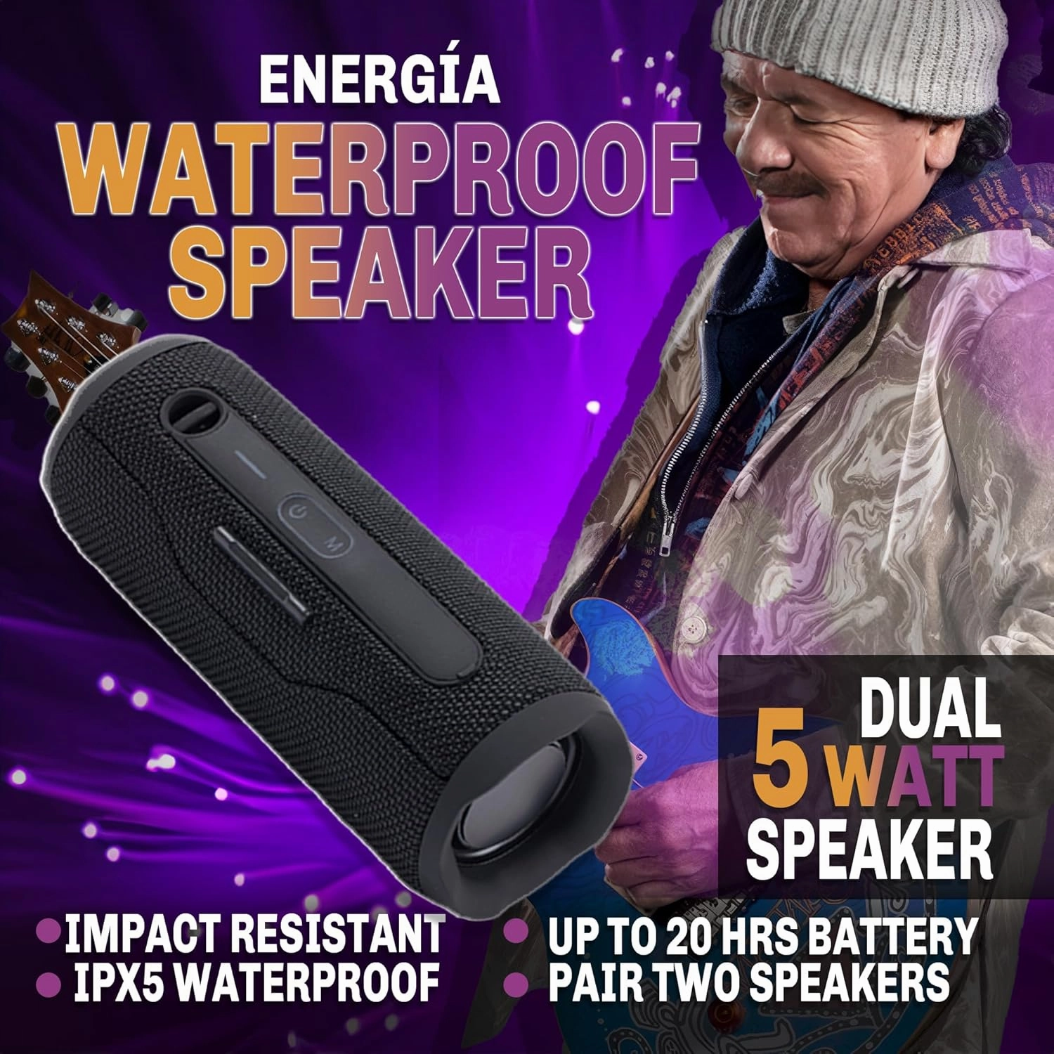 SANTANA BY CARLOS SANTANA Energia Bluetooth Speaker- Dual 5W Speakers, Impact Resistant, IPX5 Waterproof, Up to 20 Hours Battery Life, Pairable for Massive Sound Experience - Black
