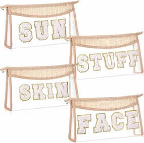 Sanwuta 4 Pieces Preppy Patch Makeup Bag Skin Face Sun Stuff Bag Chenille Letter Clear Straw Cosmetic Bag Waterproof Nylon Toiletry Bag Portable Travel Organizer Zipper Transparent for Women
