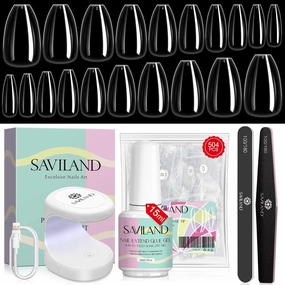 SAVILAND Gels Nail Kit - Ballerina Nail Tips Pre-shaped 500 pcs Clear Long Coffin Nail Tips with 4-in-1 Nail Glue and Mini Nail Lamp Nail Extension Kit, Nail Art DIY at Home Salon Gift For Women