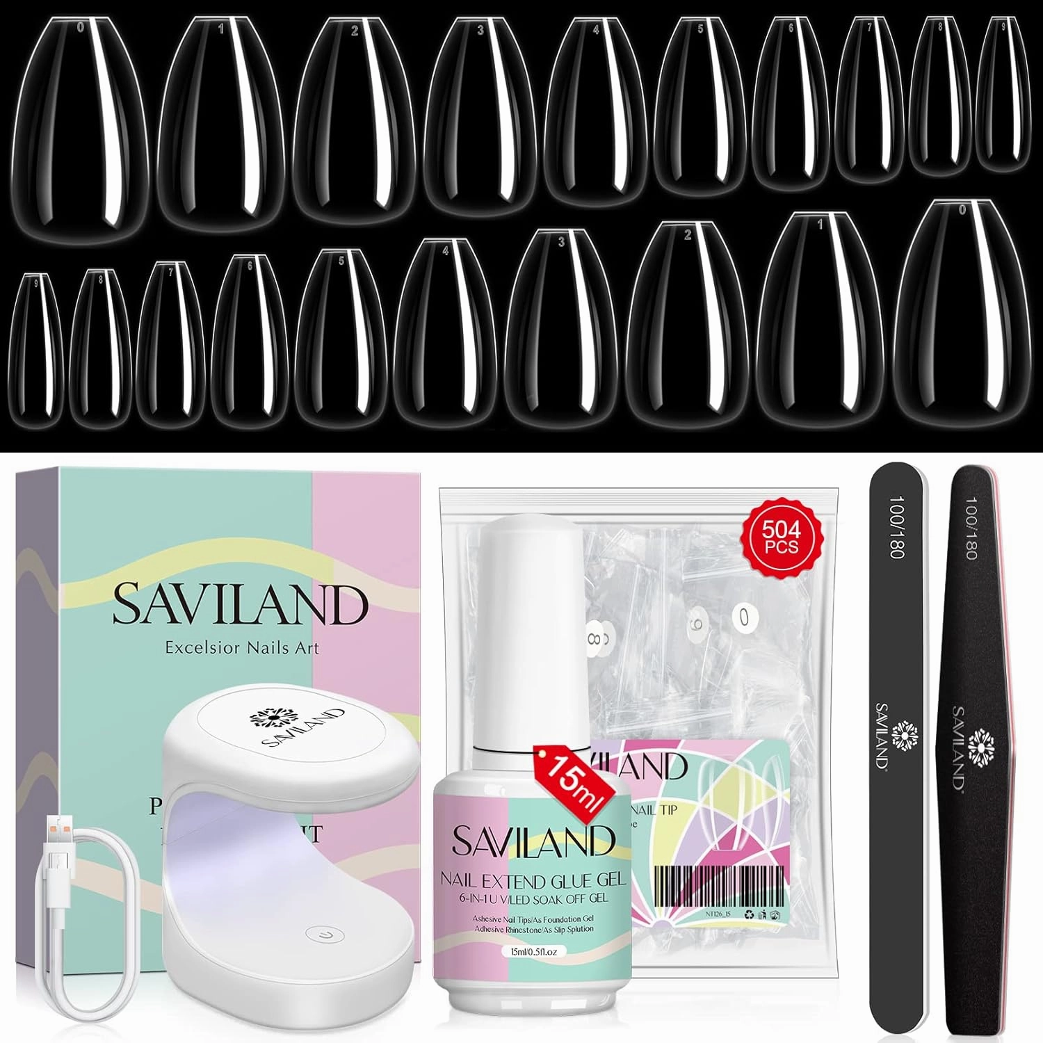 SAVILAND Gels Nail Kit - Ballerina Nail Tips Pre-shaped 500 pcs Clear Long Coffin Nail Tips with 4-in-1 Nail Glue and Mini Nail Lamp Nail Extension Kit, Nail Art DIY at Home Salon Gift For Women