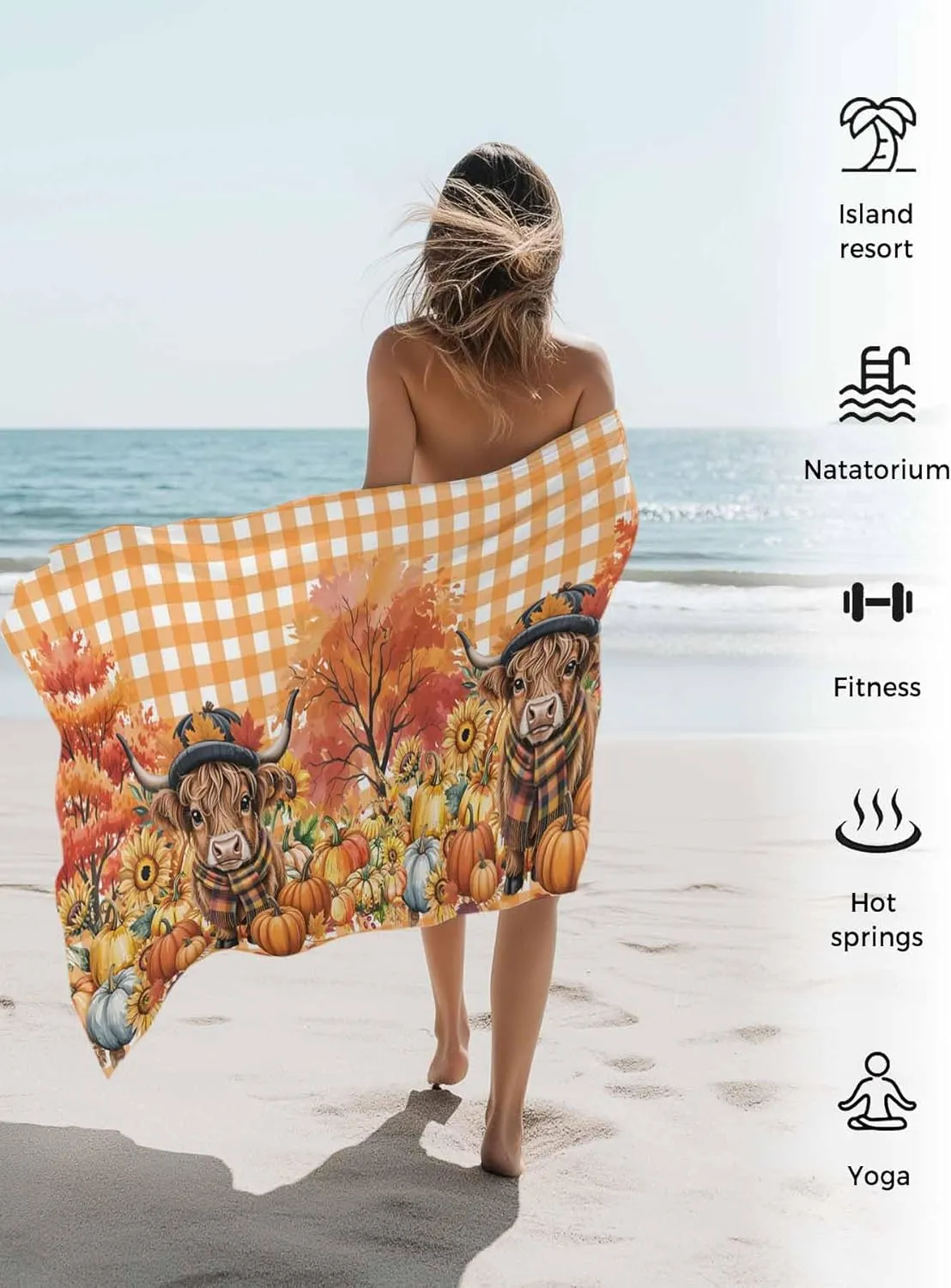 Scottish Highland Cow Beach Towels Microfiber Sand Free Quick Dry Travel Towels Soft Absorbent Lightweight Country Pumpkins Check Beach Towel for Men Women Swimming Pool,Vacation,35X71IN
