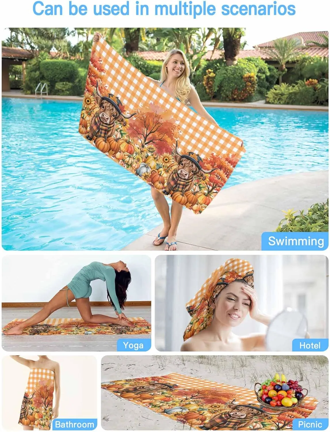 Scottish Highland Cow Beach Towels Microfiber Sand Free Quick Dry Travel Towels Soft Absorbent Lightweight Country Pumpkins Check Beach Towel for Men Women Swimming Pool,Vacation,35X71IN
