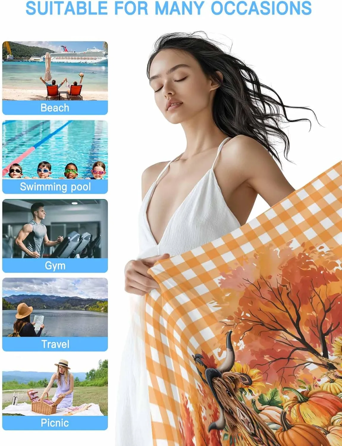 Scottish Highland Cow Beach Towels Microfiber Sand Free Quick Dry Travel Towels Soft Absorbent Lightweight Country Pumpkins Check Beach Towel for Men Women Swimming Pool,Vacation,35X71IN