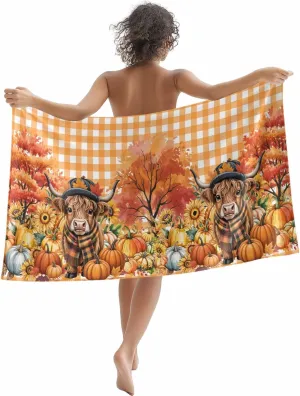 Scottish Highland Cow Beach Towels Microfiber Sand Free Quick Dry Travel Towels Soft Absorbent Lightweight Country Pumpkins Check Beach Towel for Men Women Swimming Pool,Vacation,35X71IN