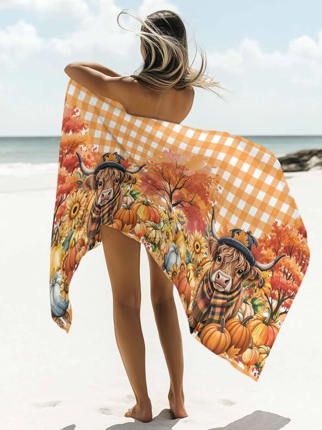 Scottish Highland Cow Beach Towels Microfiber Sand Free Quick Dry Travel Towels Soft Absorbent Lightweight Country Pumpkins Check Beach Towel for Men Women Swimming Pool,Vacation,35X71IN